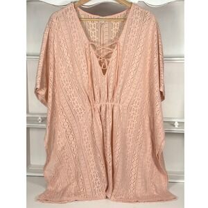 Loveriche Cover-Up Lace-Up‎ Kaftan Knit Tunic Top Swim Beach Peach Pink Size L